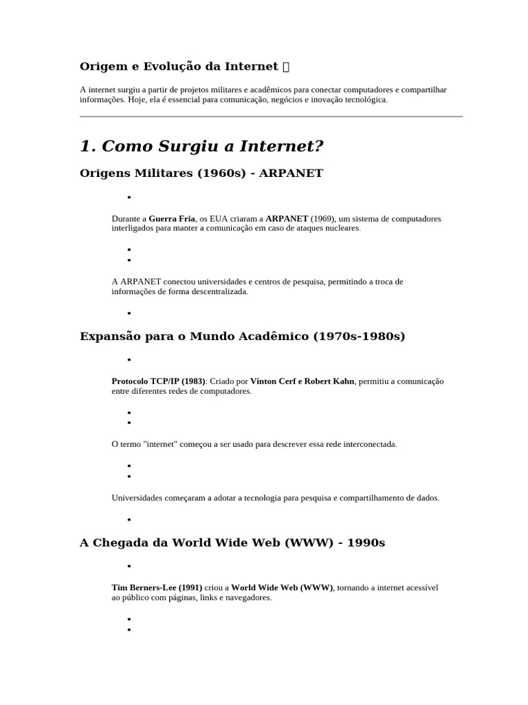 Origem e Evolução da Internet | PDF | Internet | Rede de computadores