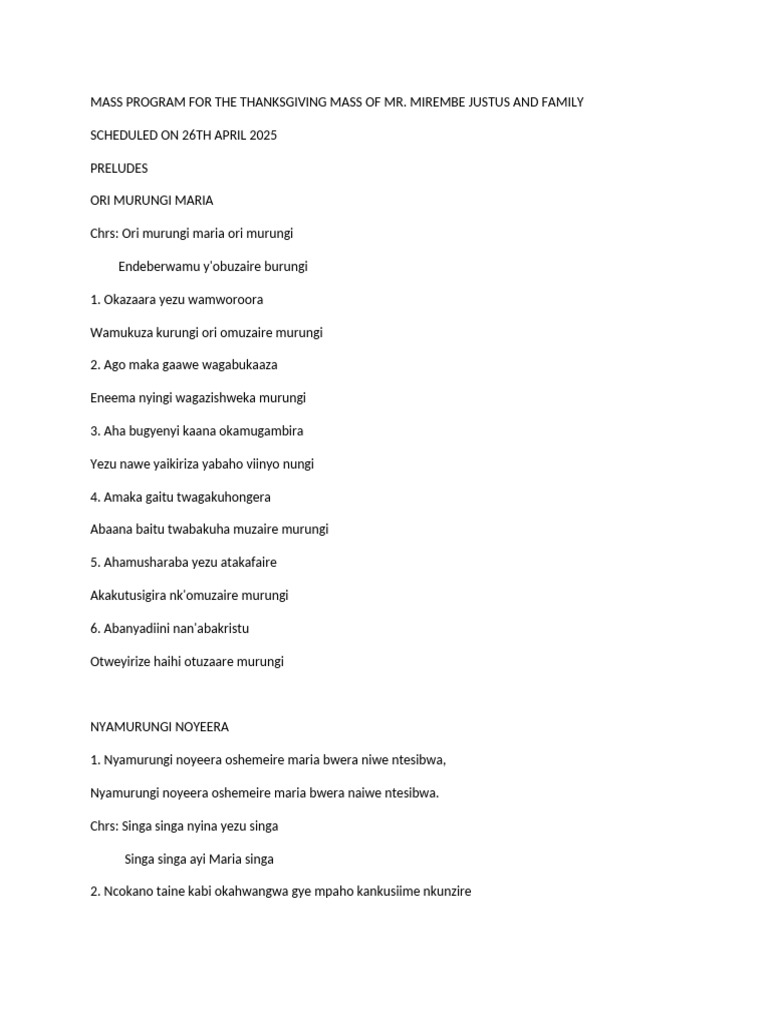 Thanksgiving Mass Program for Mirembé Family | PDF | Christian Prayer ...