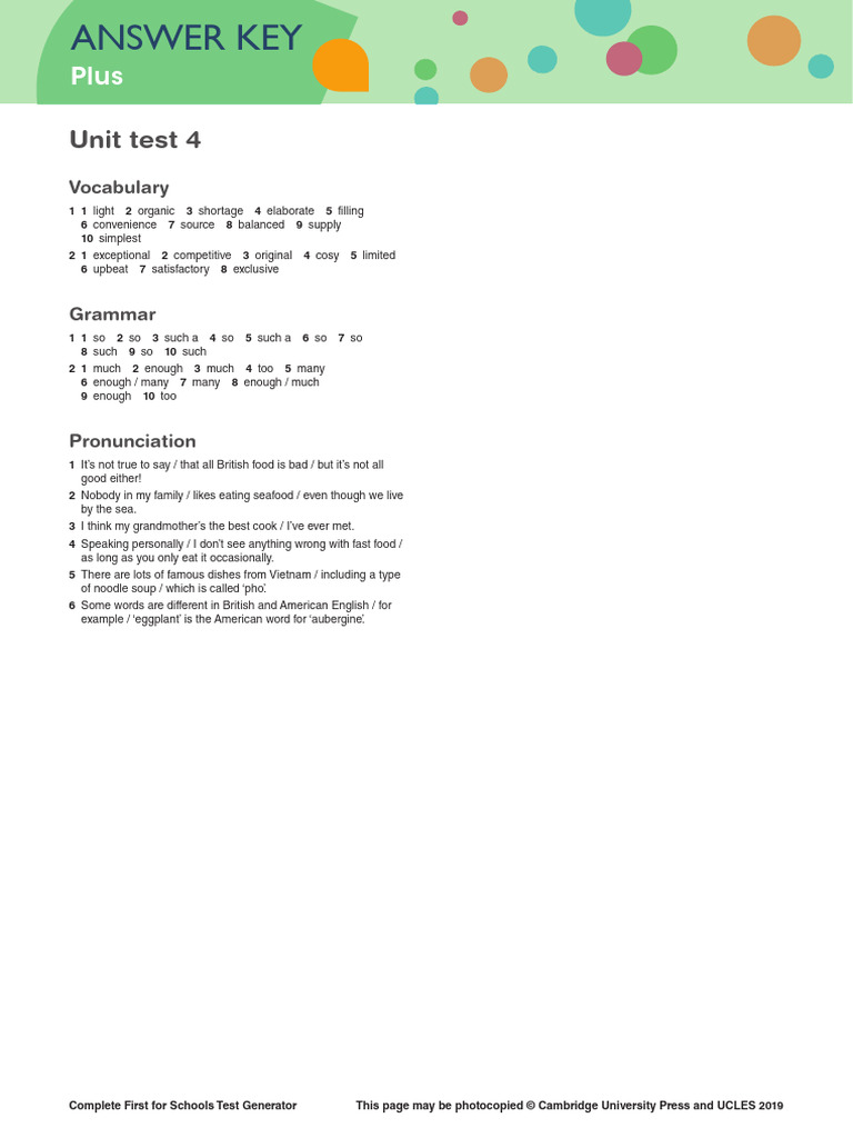 Complete First For Schools - Test Generator - ANSWER KEY - (PLUS) - UT ...