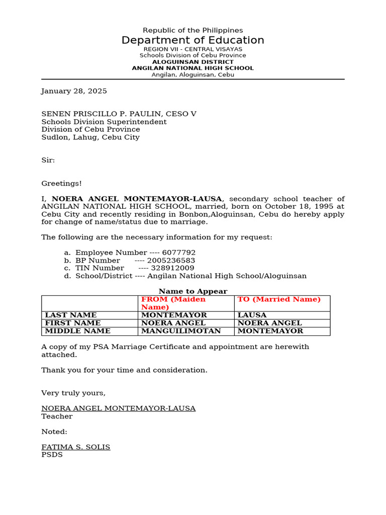 Name Change Request Due to Marriage | PDF