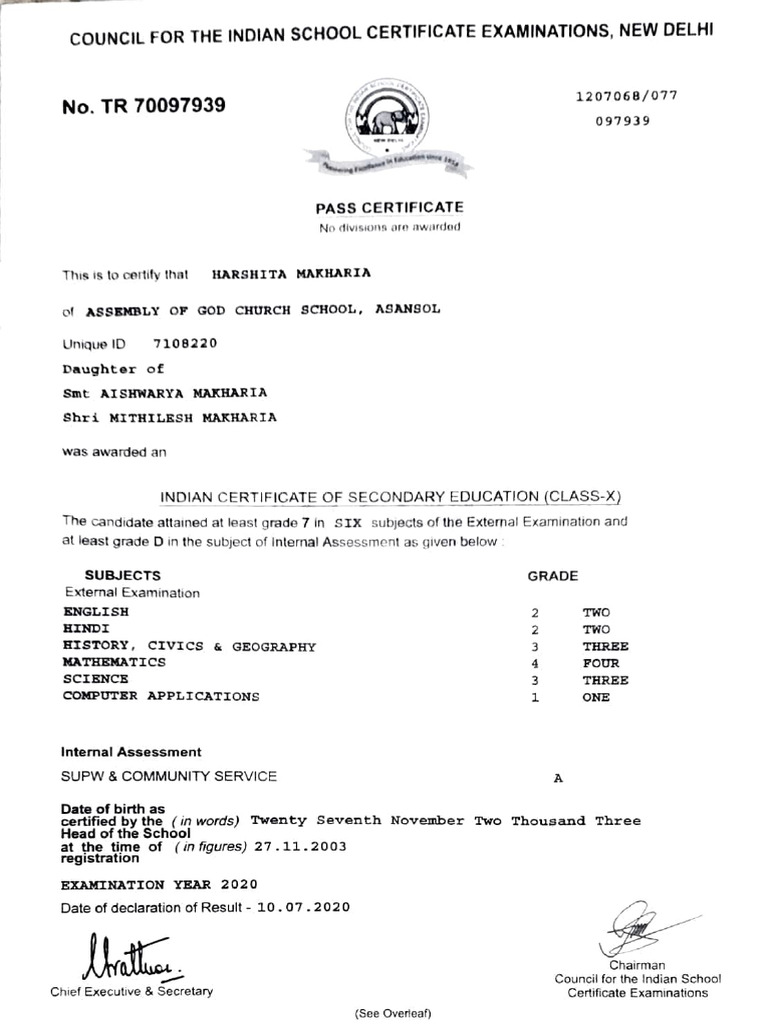 Class 10 Pass Certificate for Harshita | PDF