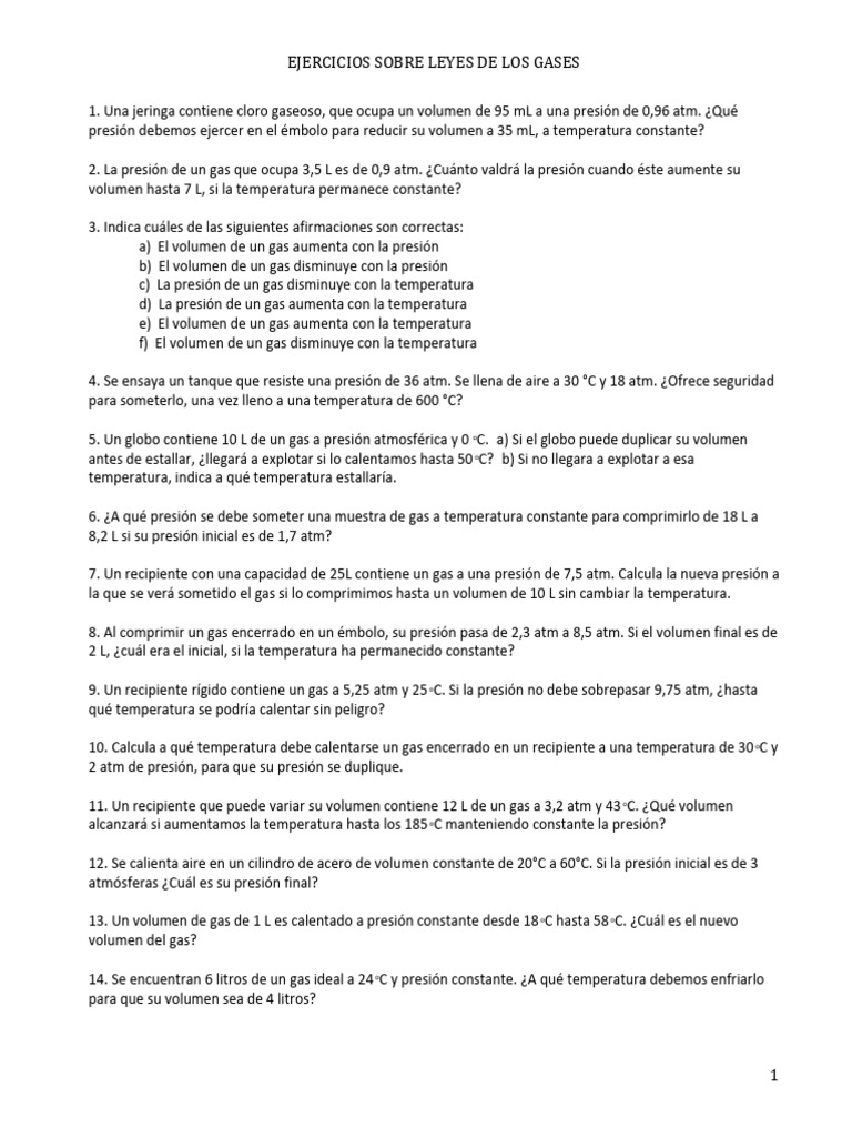 Ejercicios Prácticos sobre Leyes de Gases | PDF | Gases | Presión