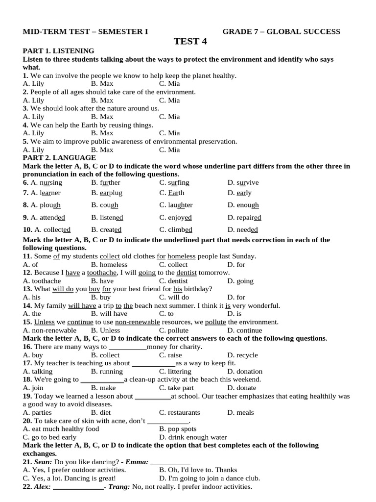 GS7 - Mid-Term Test 4 (Semester 1) | PDF | Hobbies