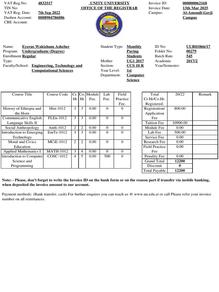 Unity University Invoice for Student Fees | PDF | Invoice
