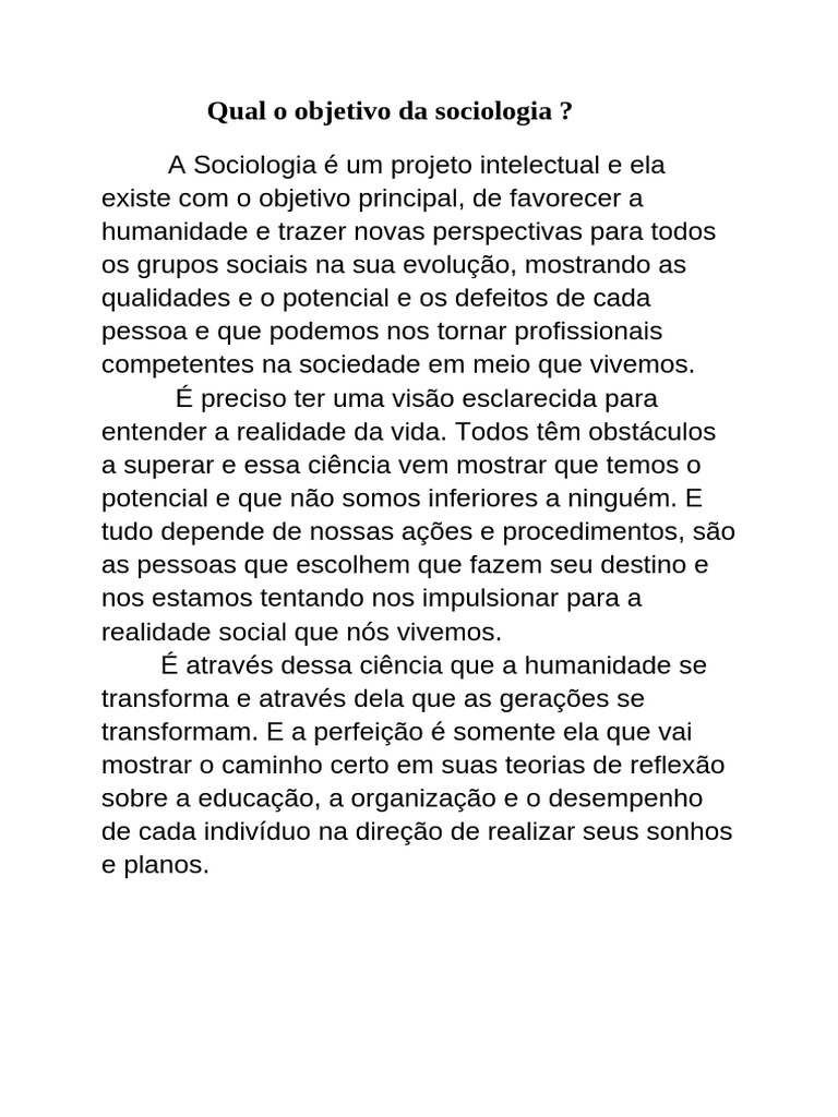 Objetivo da Sociologia na Sociedade | PDF
