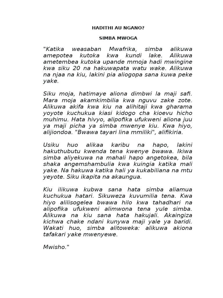 Mfano Wa Hadithi Fupi Au Ngano | PDF