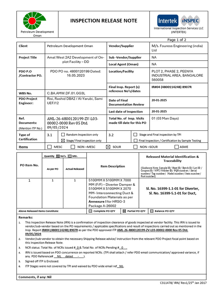 Inspection Release Note for PDO | PDF