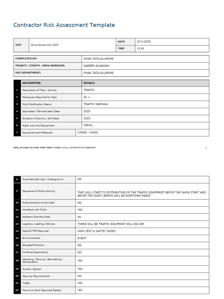 Contractor Risk Assessment Template | PDF | Safety | Risk