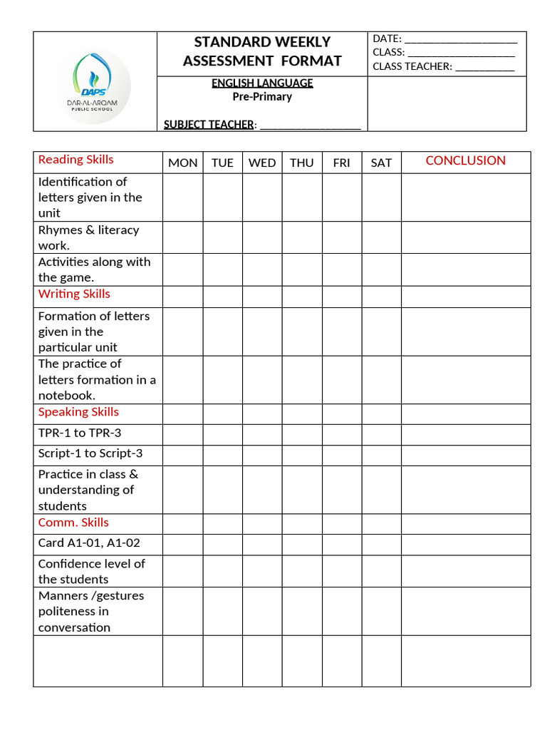 Weekly English Assessment Format | PDF | English Language | Learning