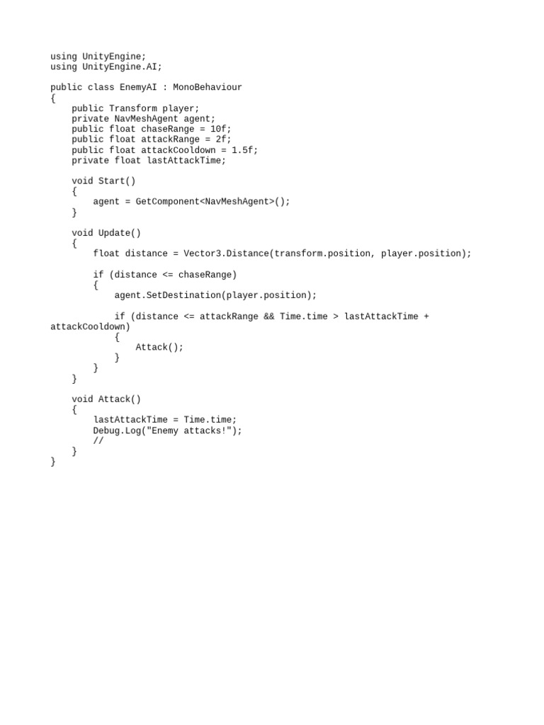 Unity Enemy AI Chase and Attack Script | PDF