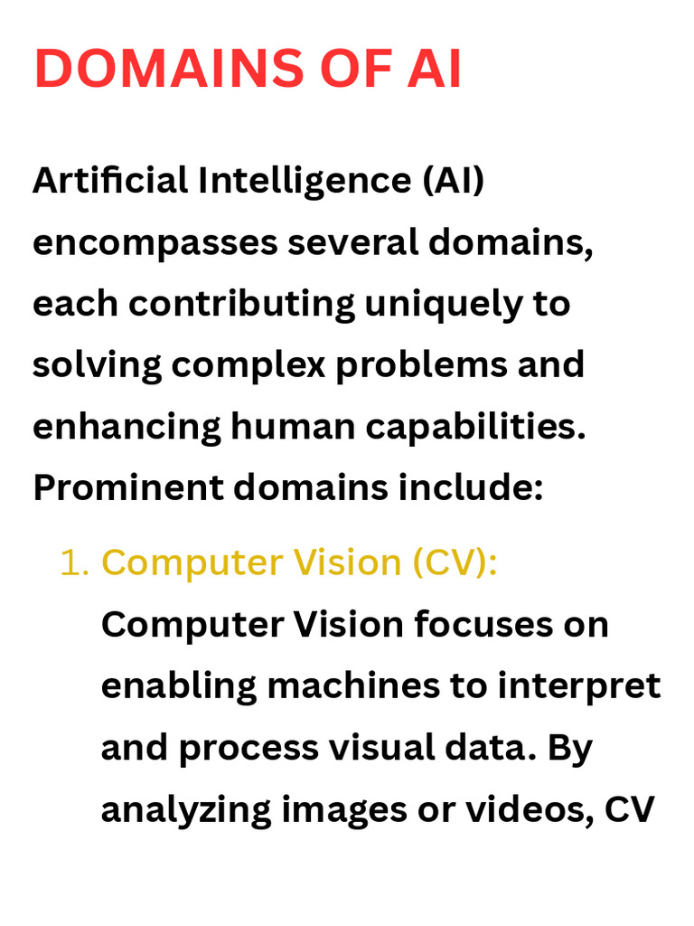 write about domains of ai in 200 words ie CV, DATA SCIENCE, NLP | PDF