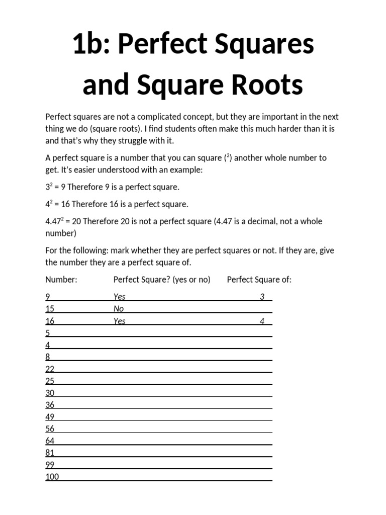 Understanding Perfect Squares and Roots | PDF | Square Root ...