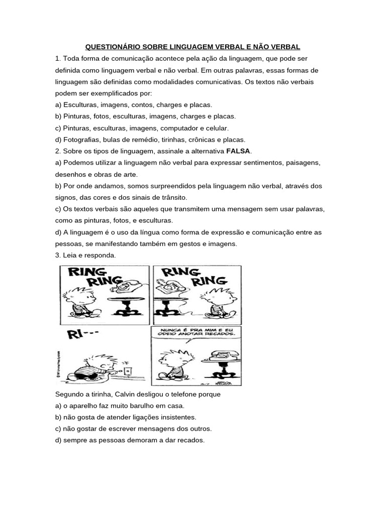 Questionário sobre Linguagem Verbal e Não Verbal | PDF | Comunicação ...