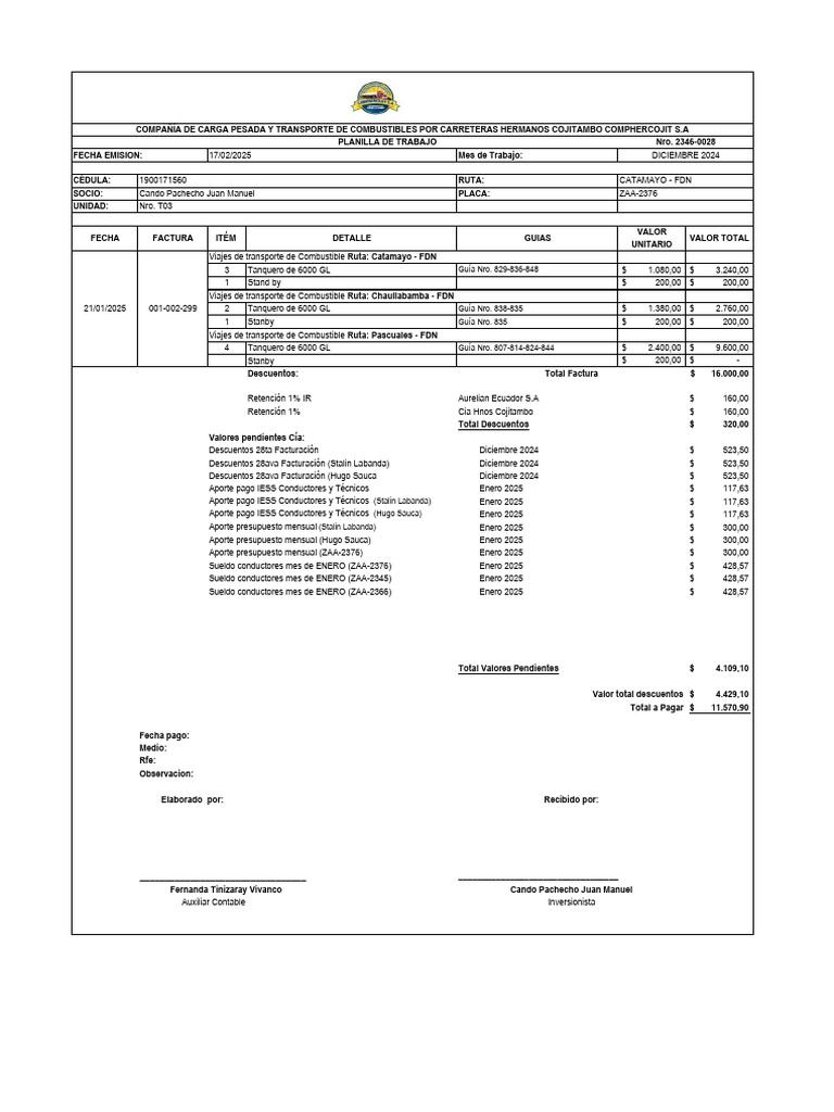 Planilla de Trabajo Transporte Combustibles | PDF