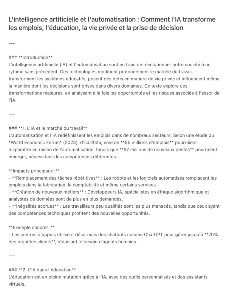 Impact de l'IA sur emplois et vie privée | PDF | Intelligence ...