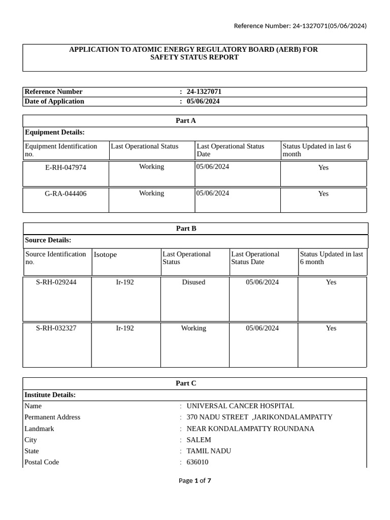 AERB Safety Status Report Application | PDF | Radiation Therapy ...