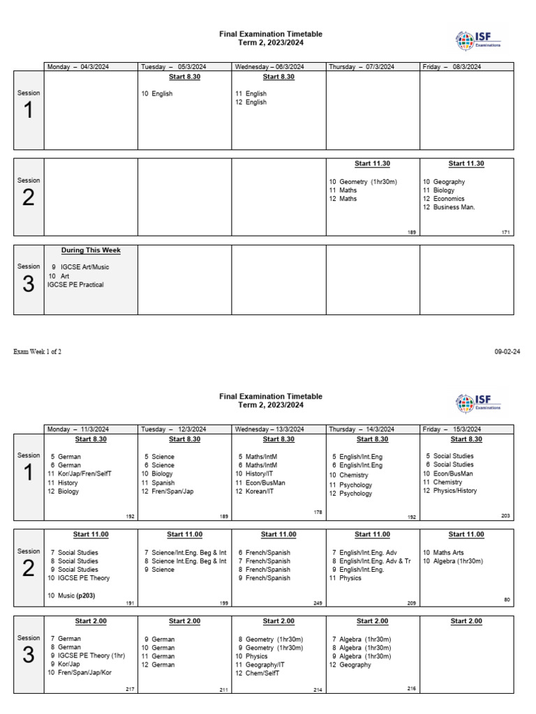 2024 Final Exam Schedule | PDF | Mathematics | Science