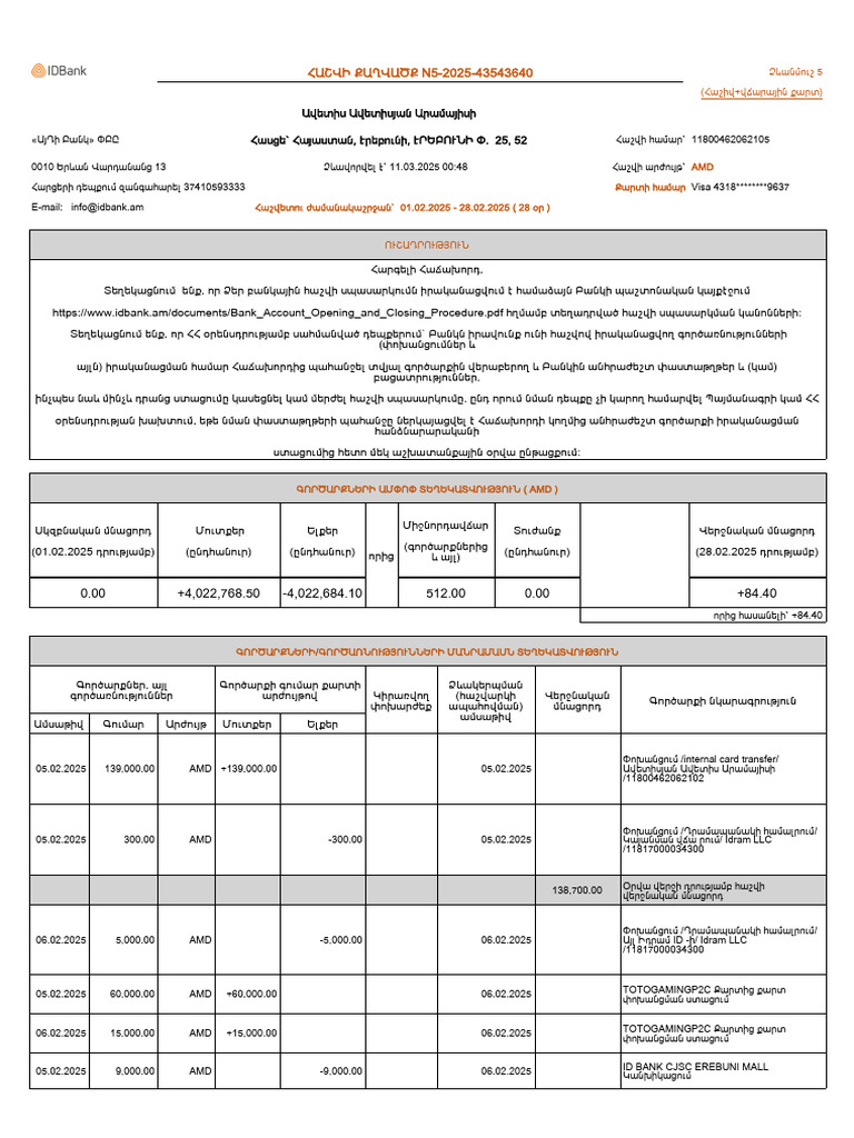Statement - 01.02.2025-28.02.2025 - Card Visa - 9637 - Amd - 55148554 | PDF