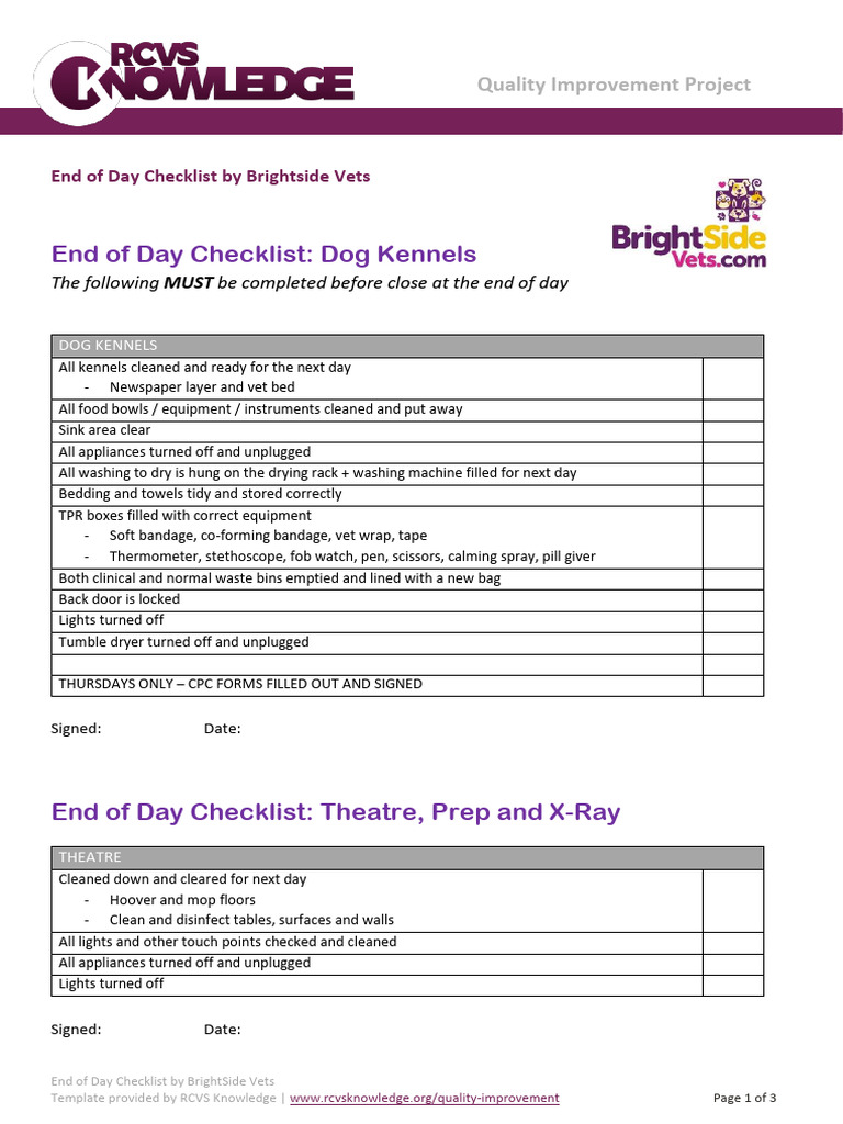End of Day Veterinary Checklist | PDF