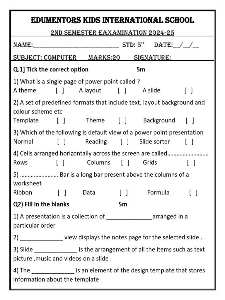 Computer Exam Paper for Grade 5 | PDF
