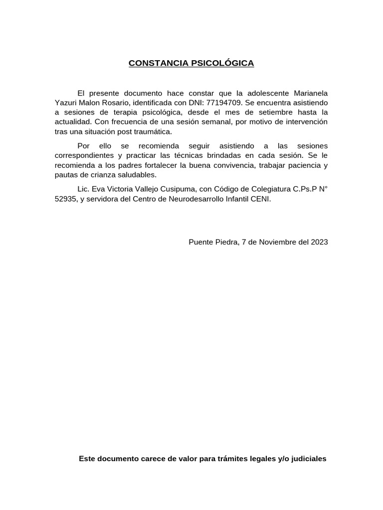 Constancia de Asistencia Psicológica | PDF