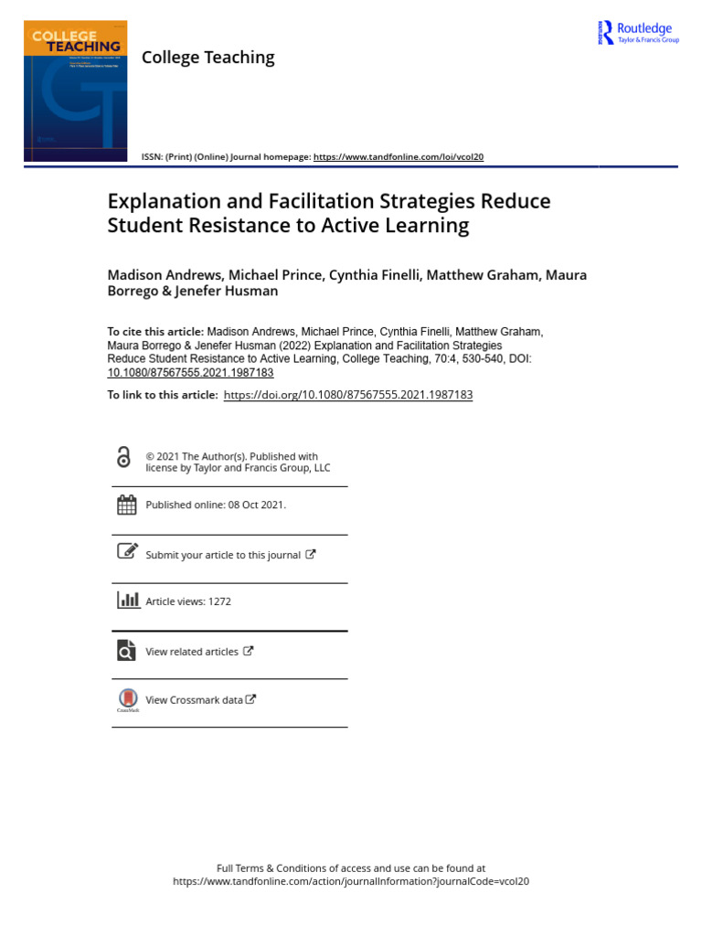 Reduce Student Resistance to Active Learning | PDF | Multilevel Model ...