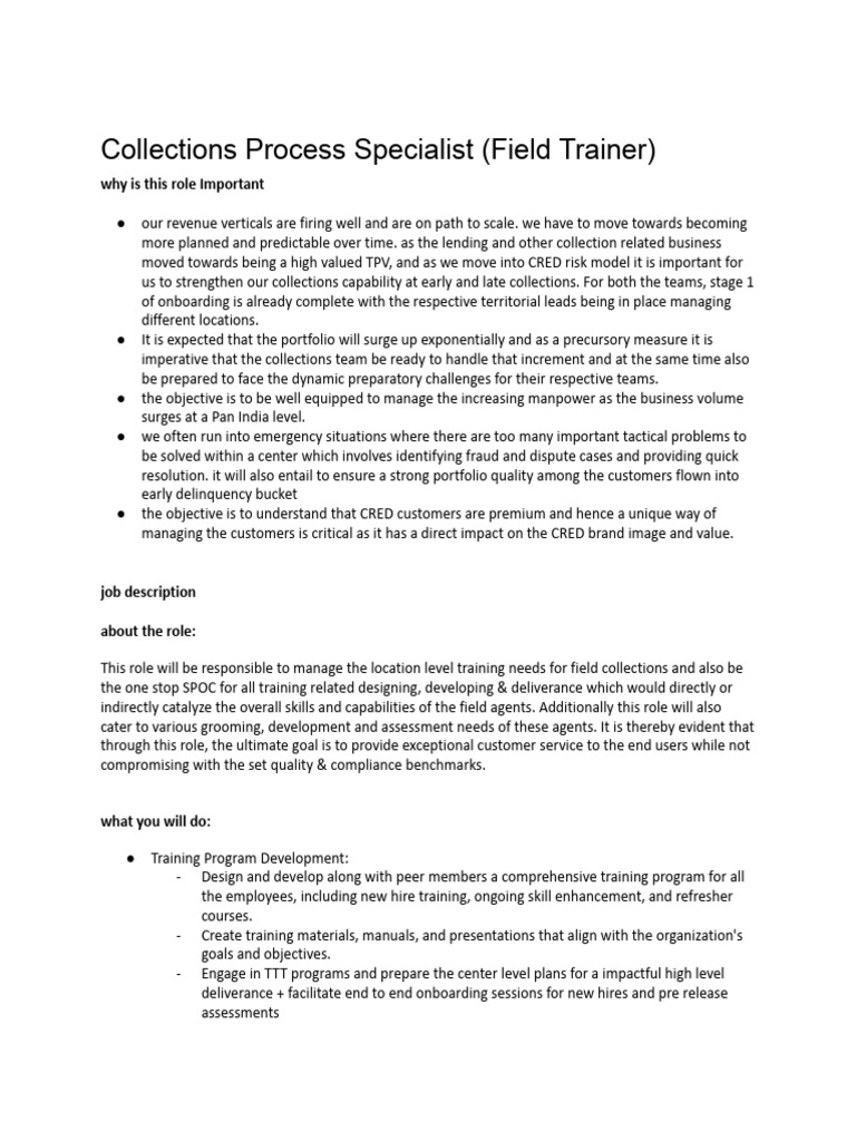 Collections Process Specialist Training Role | PDF | Performance ...