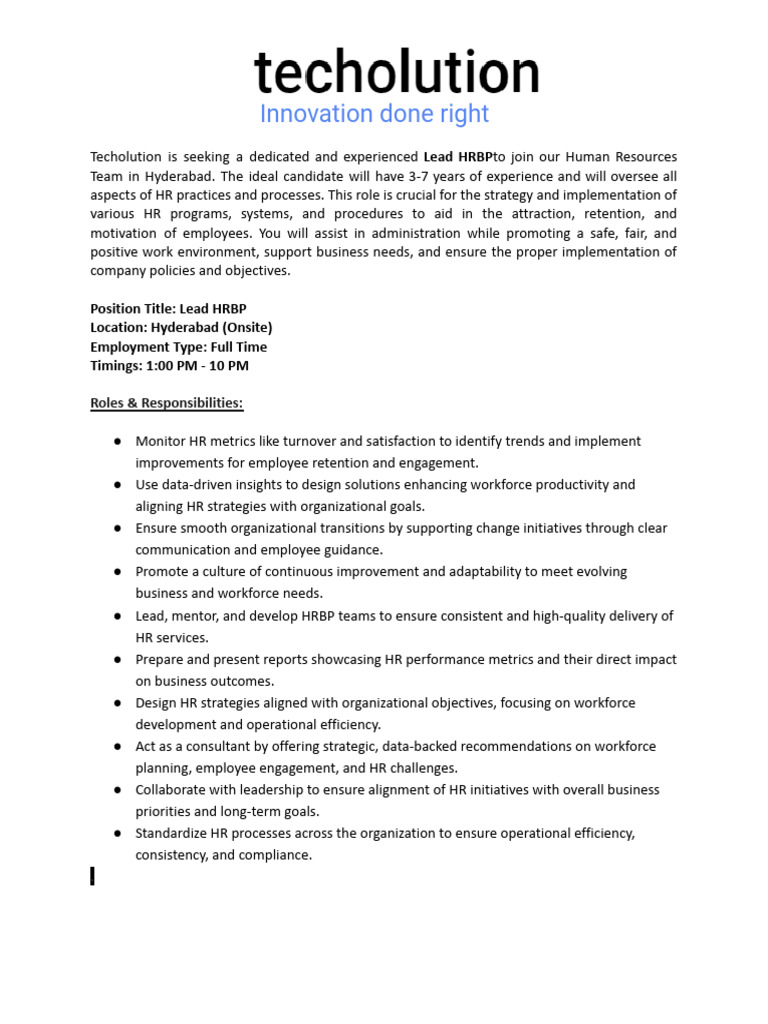 Lead HRBP Position at Techolution Hyderabad | PDF | Employee Retention ...