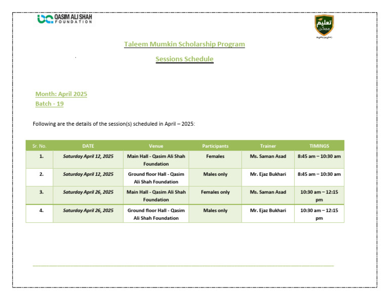 Taleem Mumkin Scholarship April 2025 Schedule | PDF