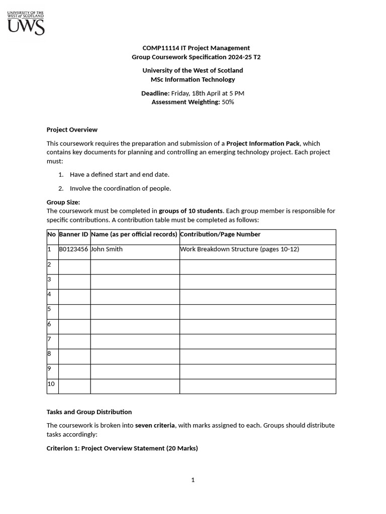 IT Project Management Coursework 2024-25 | PDF | Project Management