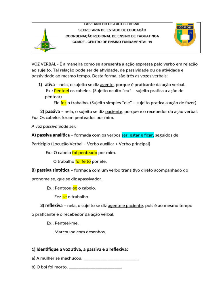 Atividades sobre Vozes Verbais 7º Ano | PDF | Assunto (gramática ...