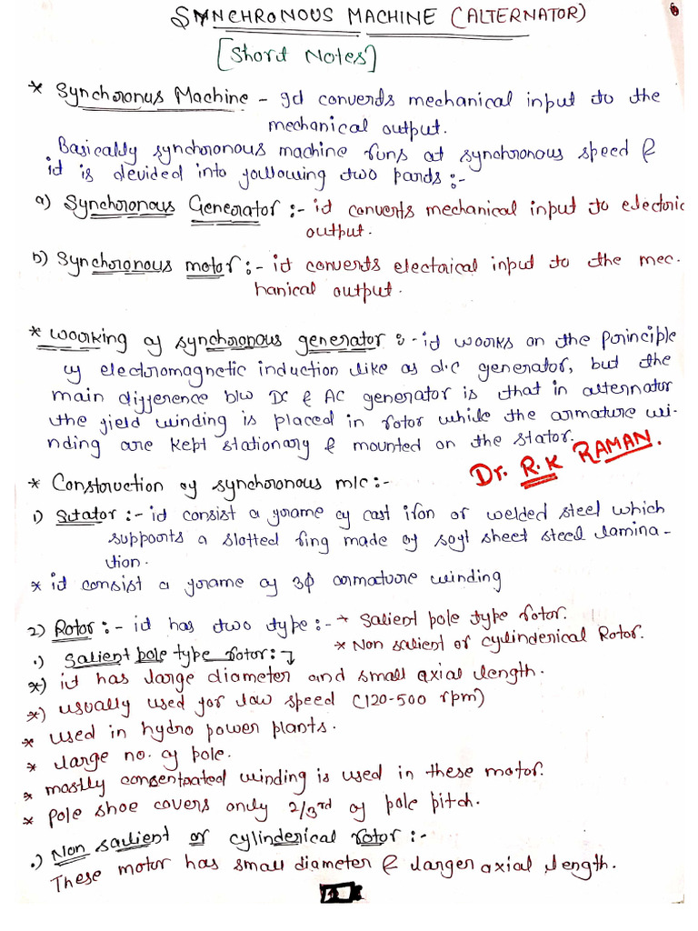 Synchronous Machines Short Notes Pdf