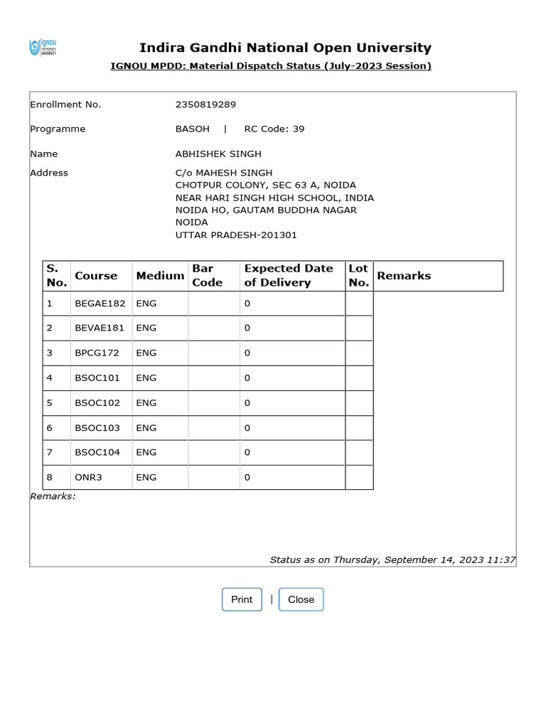 IGNOU: Student Material Status 2 | PDF