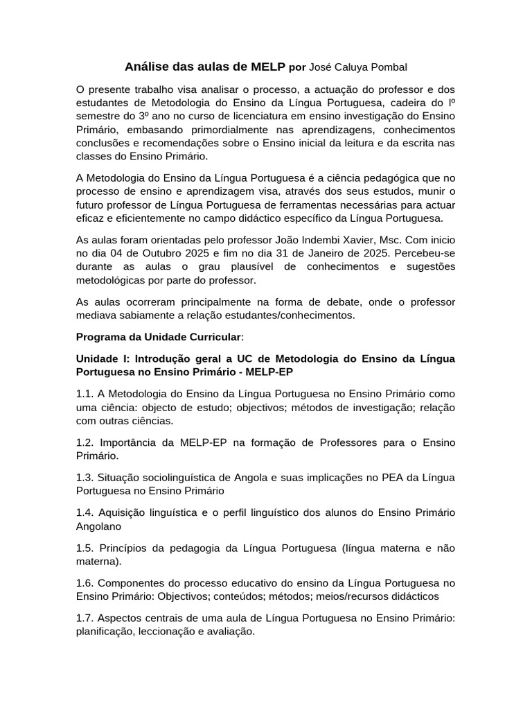 Análise da MELP no Ensino Primário | PDF | Aprendizado | Pedagogia