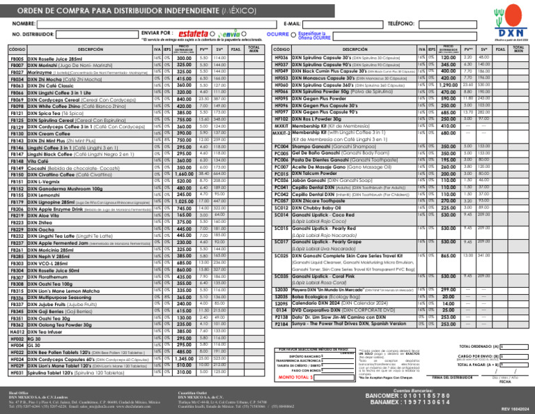 DXN Mexico Distributor Order Form | PDF