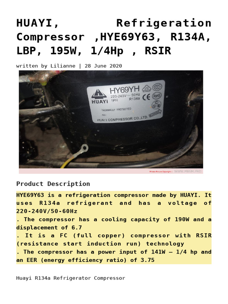 HYE69Y63 Compressor Specifications | PDF