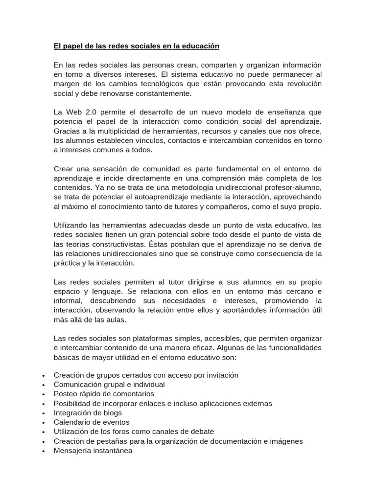 El Papel de Las Redes Sociales en La Educación | PDF | Enseñando ...