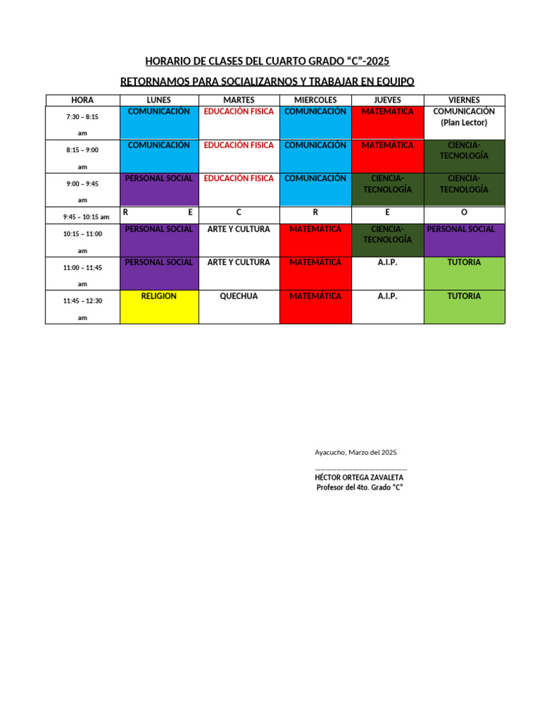 Horario Clases 4to Grado "C" 2025 | PDF