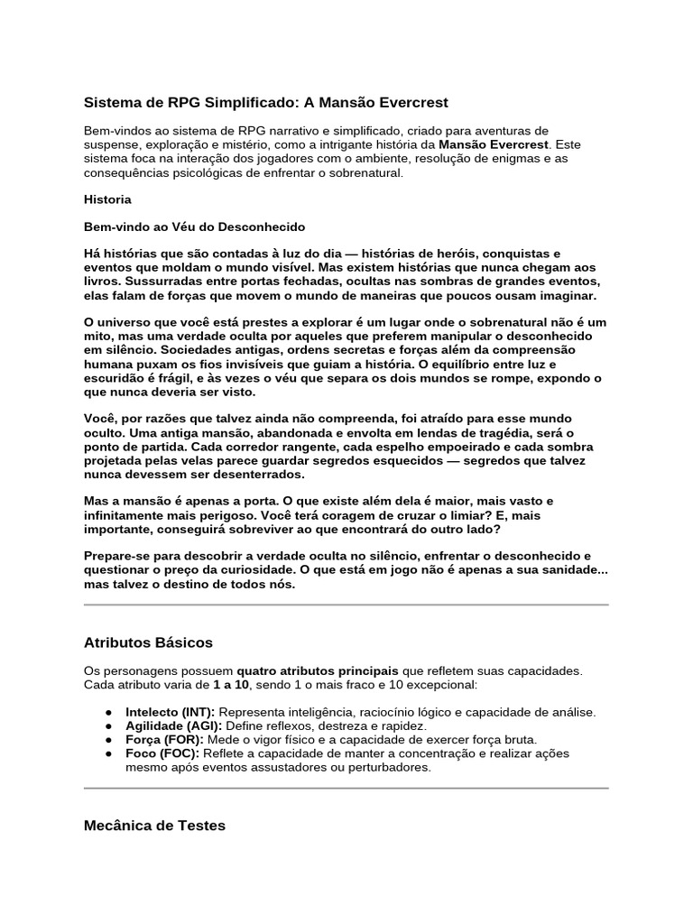 RPG Simplificado: Mansão Evercrest | PDF | Espionagem | Ansiedade