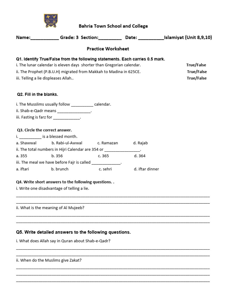 Grade 3 Islamiyat Practice Worksheet | PDF | Abrahamic Religions ...