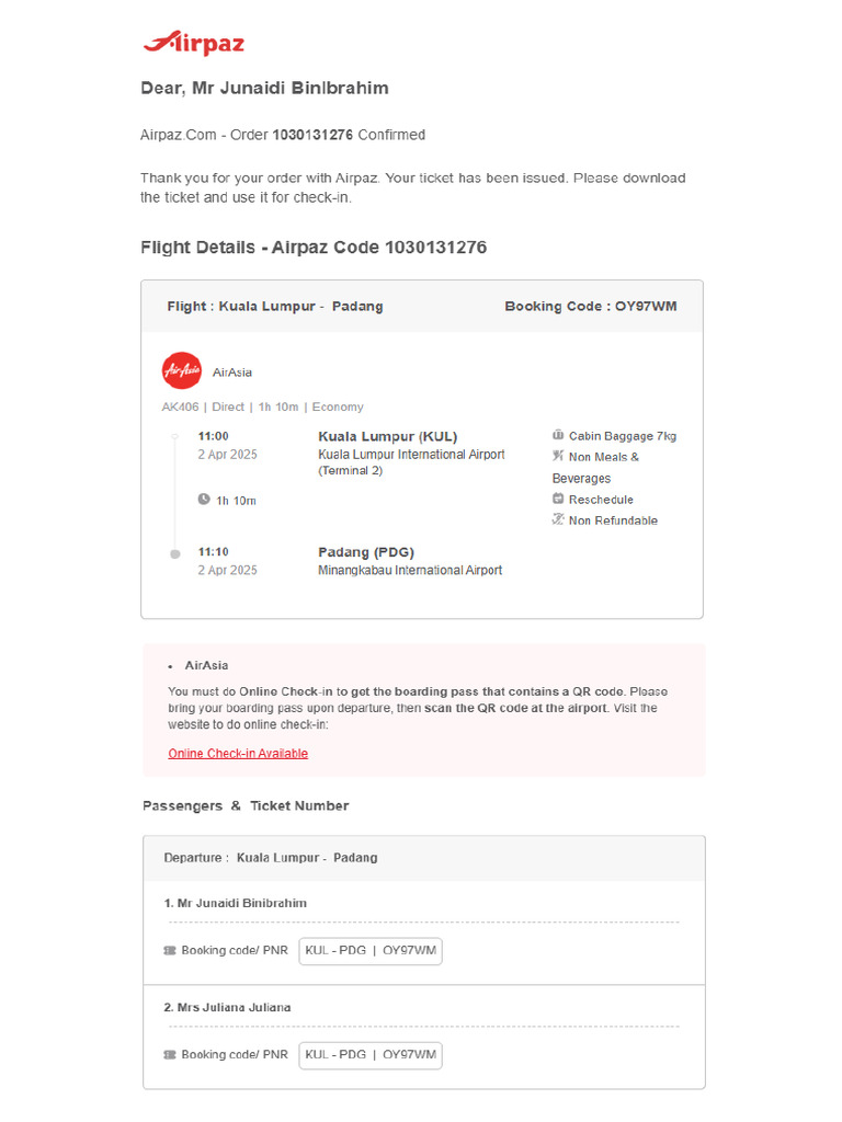 Airpaz Booking ID 1030131276 | PDF