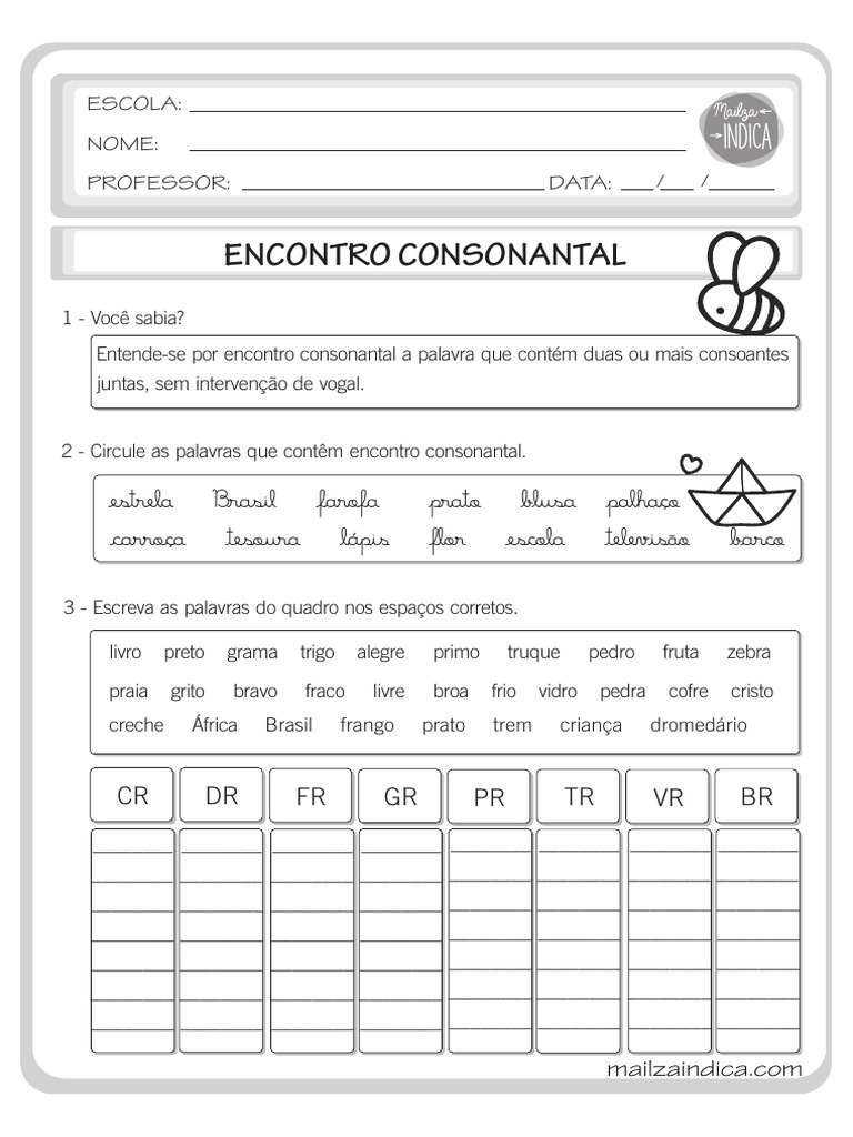 Atividade sobre Encontros Consonantais | PDF