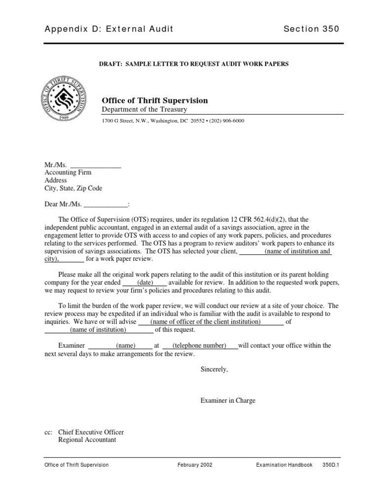 Office of Thrift Supervision: Appendix D: External Audit Section 350 ...