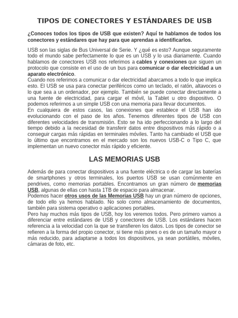 Tipos y estándares de conectores USB | PDF | USB | Memoria USB