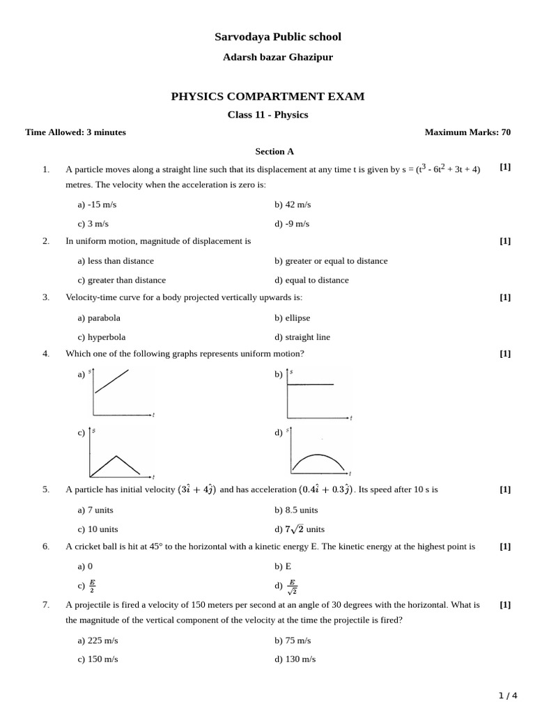 Class 11 Physics Compartment Exam Guide | PDF | Velocity | Acceleration
