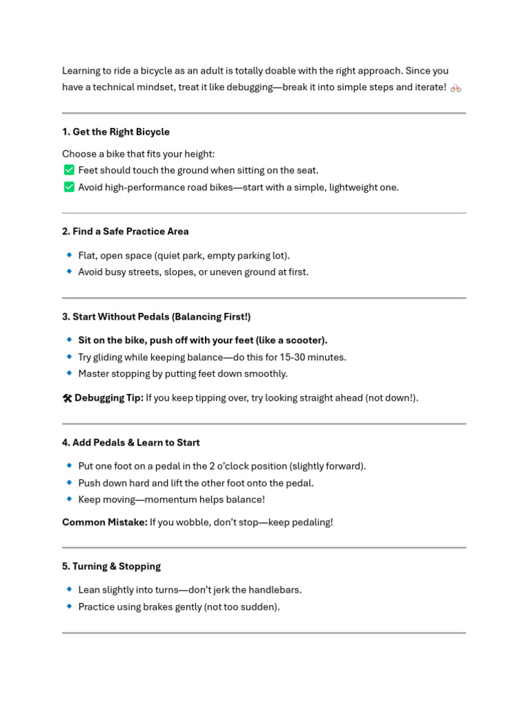 Easy Steps to Learn Bicycle Riding | PDF