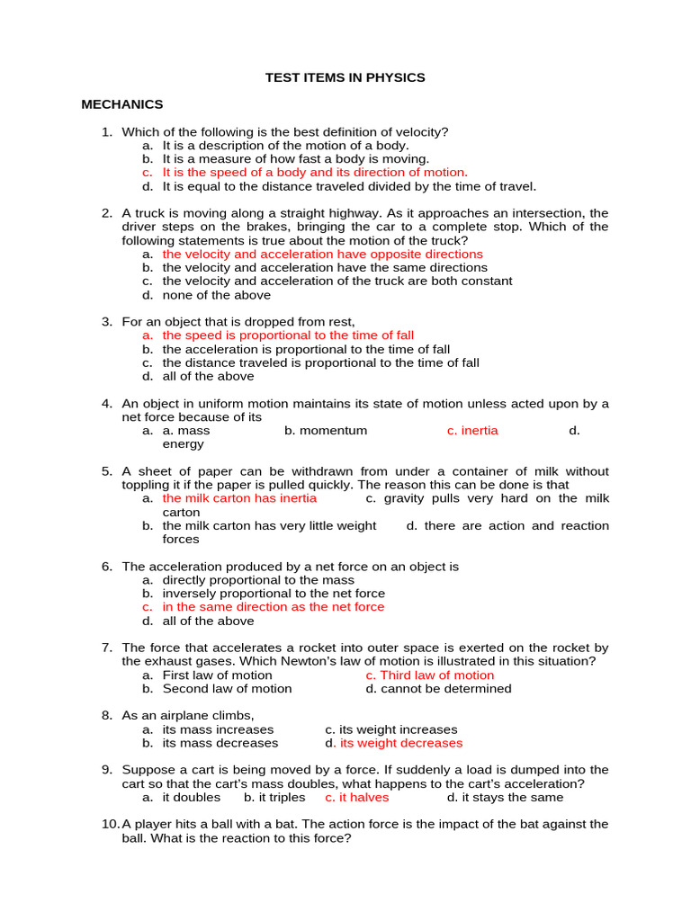 Physics Test Items: Mechanics & Thermodynamics | PDF | Force | Heat