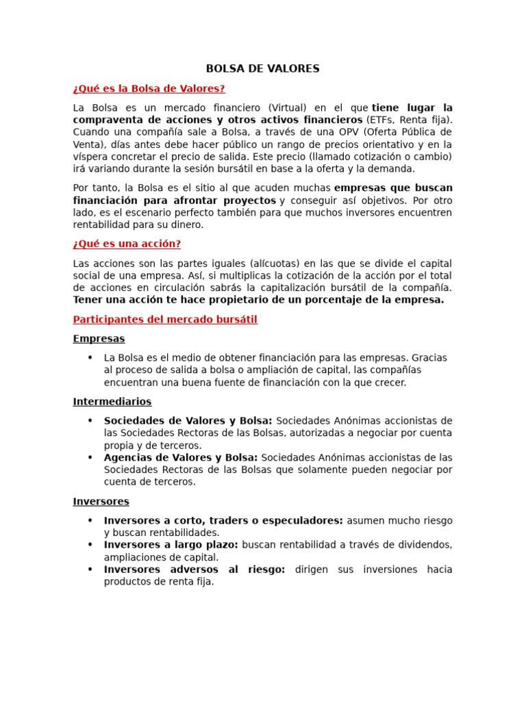 Qué es la Bolsa de Valores y su función | PDF | Compartir (Finanzas ...