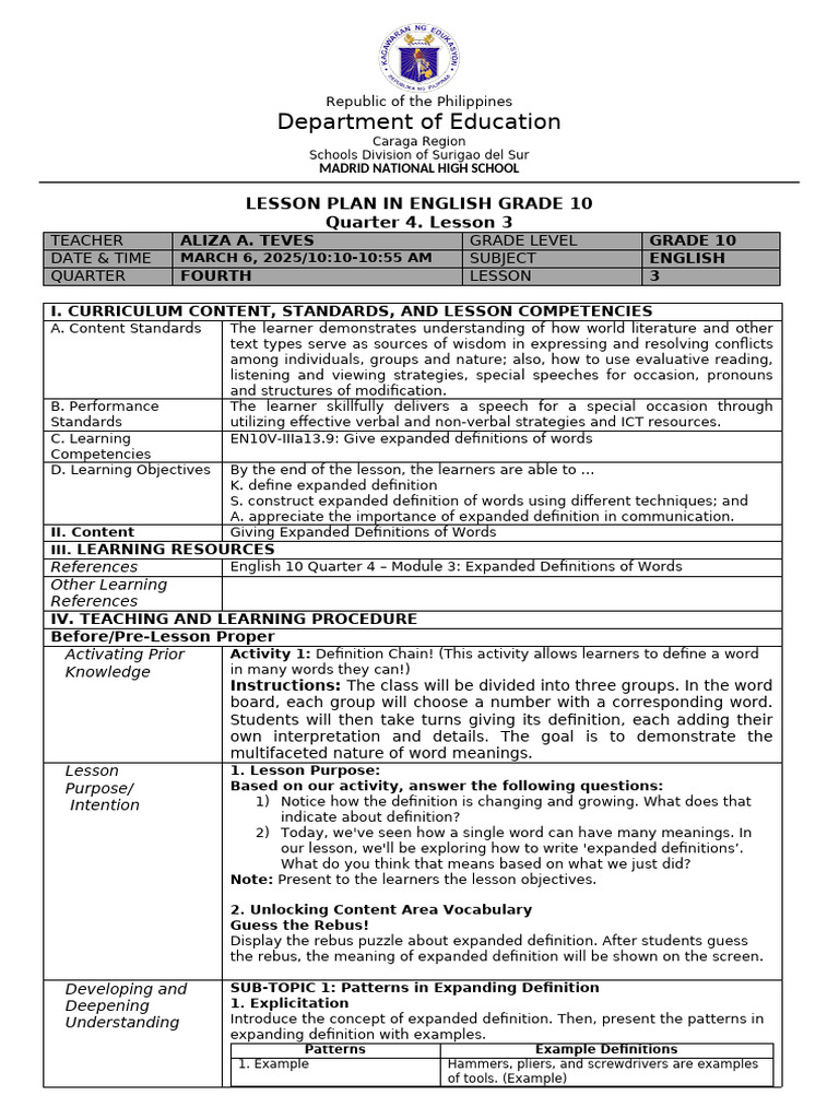 Grade 10 English Lesson Plan: Expanded Definitions | PDF | Learning ...