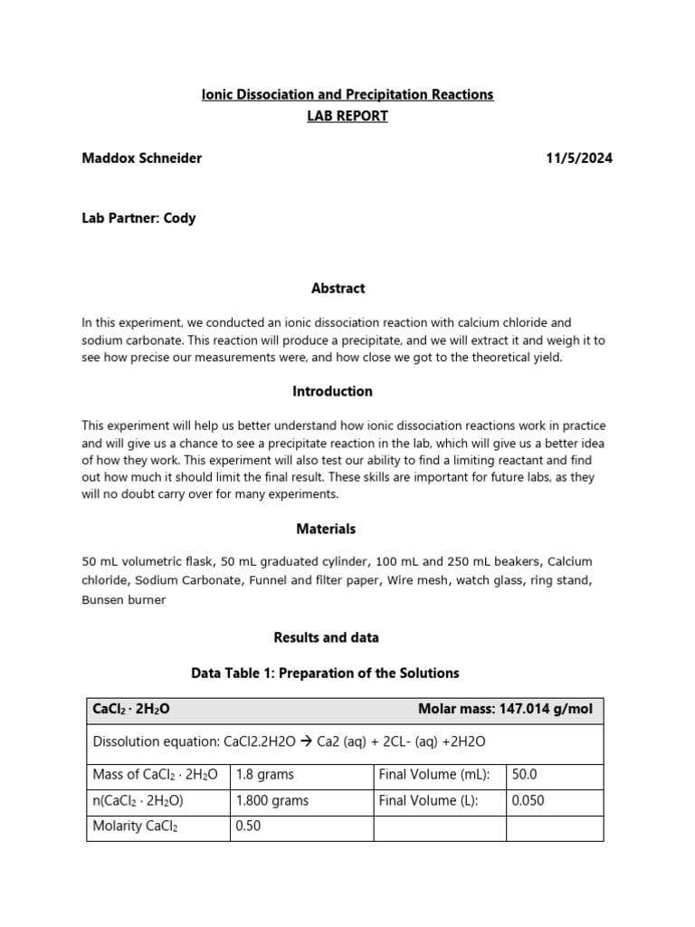 Lab 7, Ionic Dissociation and Precipitation Reactions Completed. | PDF ...